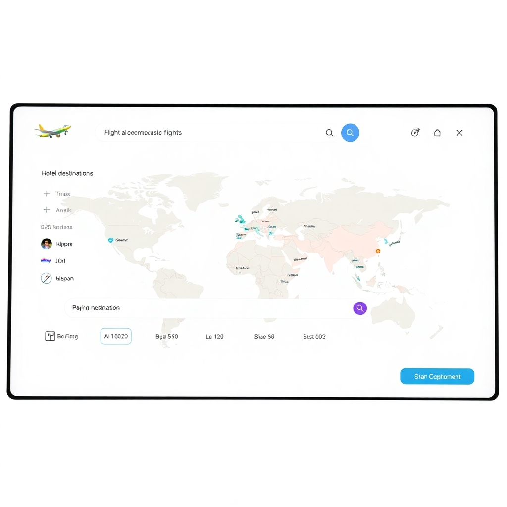 A clean, modern interface displaying flight and hotel booking options. The screen shows a world map with highlighted popular destinations. A user-friendly search bar is prominently featured. Soft, inviting colors should be used. Photorealistic rendering.