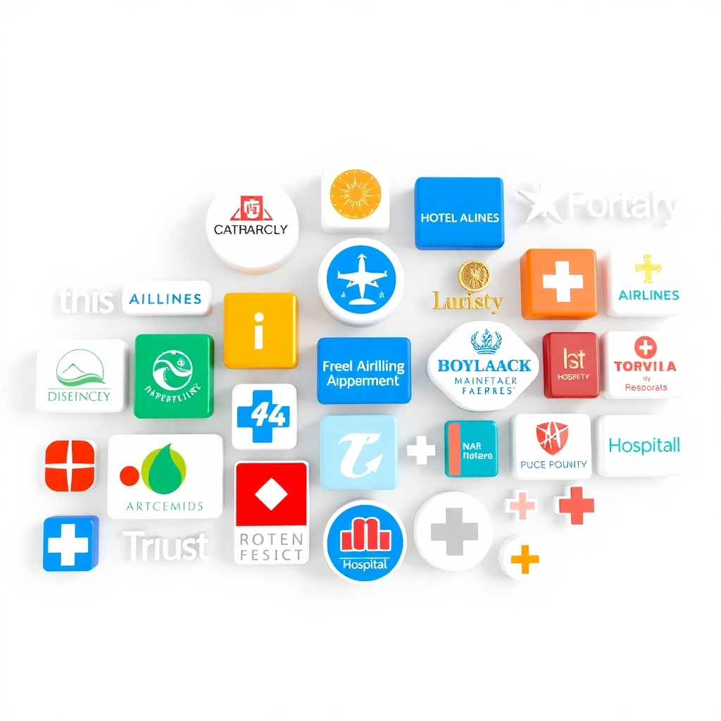 A collage of logos representing well-known airlines, hotel chains, and hospitals. The logos are arranged in a visually appealing manner, conveying a sense of trust and reliability. Use a clean, corporate design with a neutral color palette. 3D render, high quality.