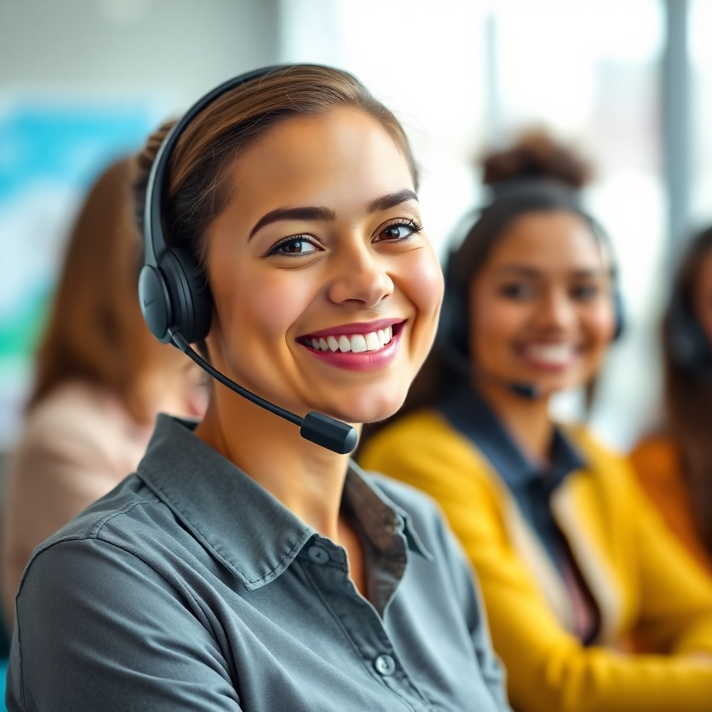 A friendly customer service representative wearing a headset and smiling warmly. The background shows a supportive team environment. Use a bright, cheerful color palette and soft, diffused lighting. Photorealistic rendering.
