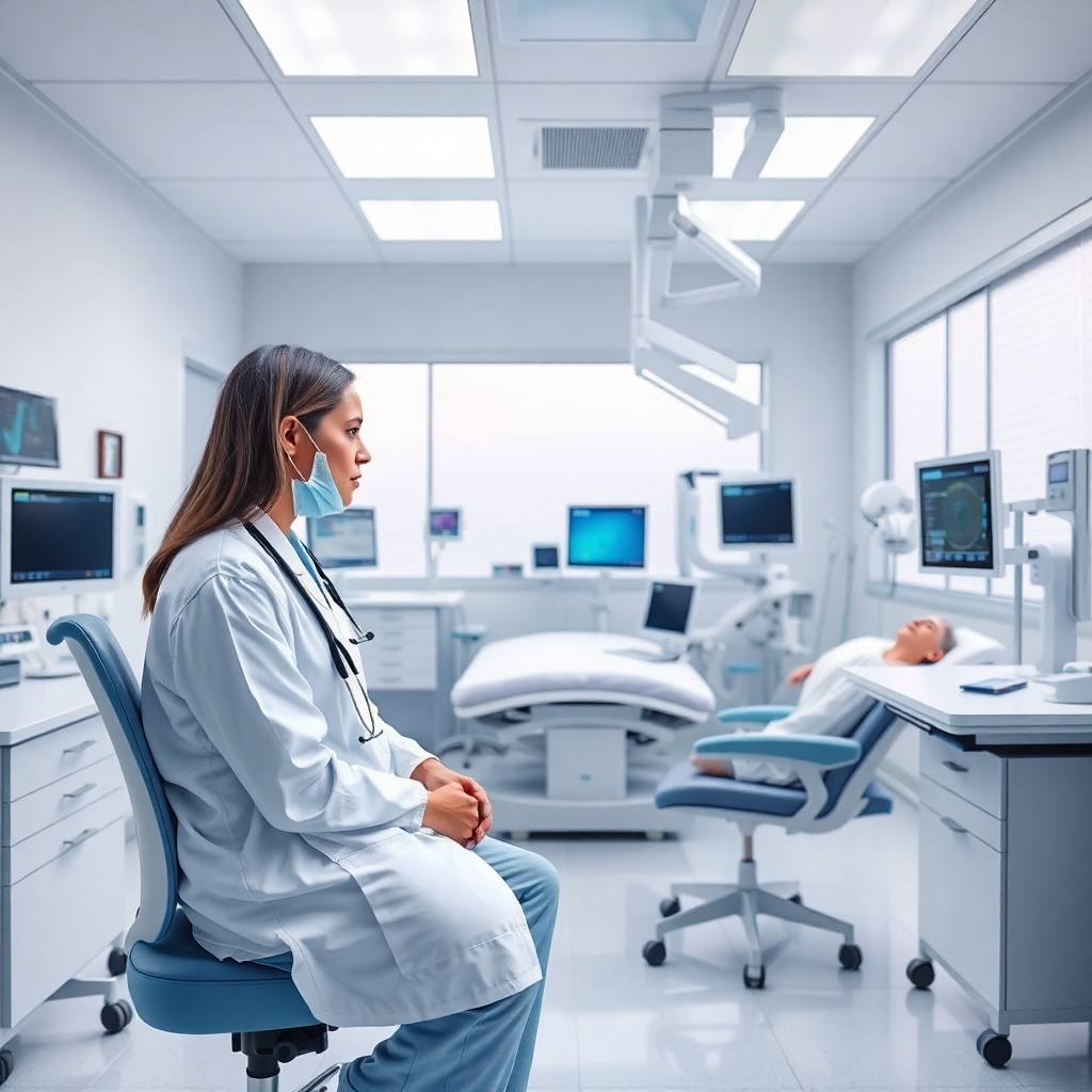 A modern and well-equipped hospital room with a doctor consulting a patient. The room is clean and bright, with state-of-the-art medical equipment. The atmosphere is calm and reassuring, conveying a sense of trust and competence. Photorealistic rendering.