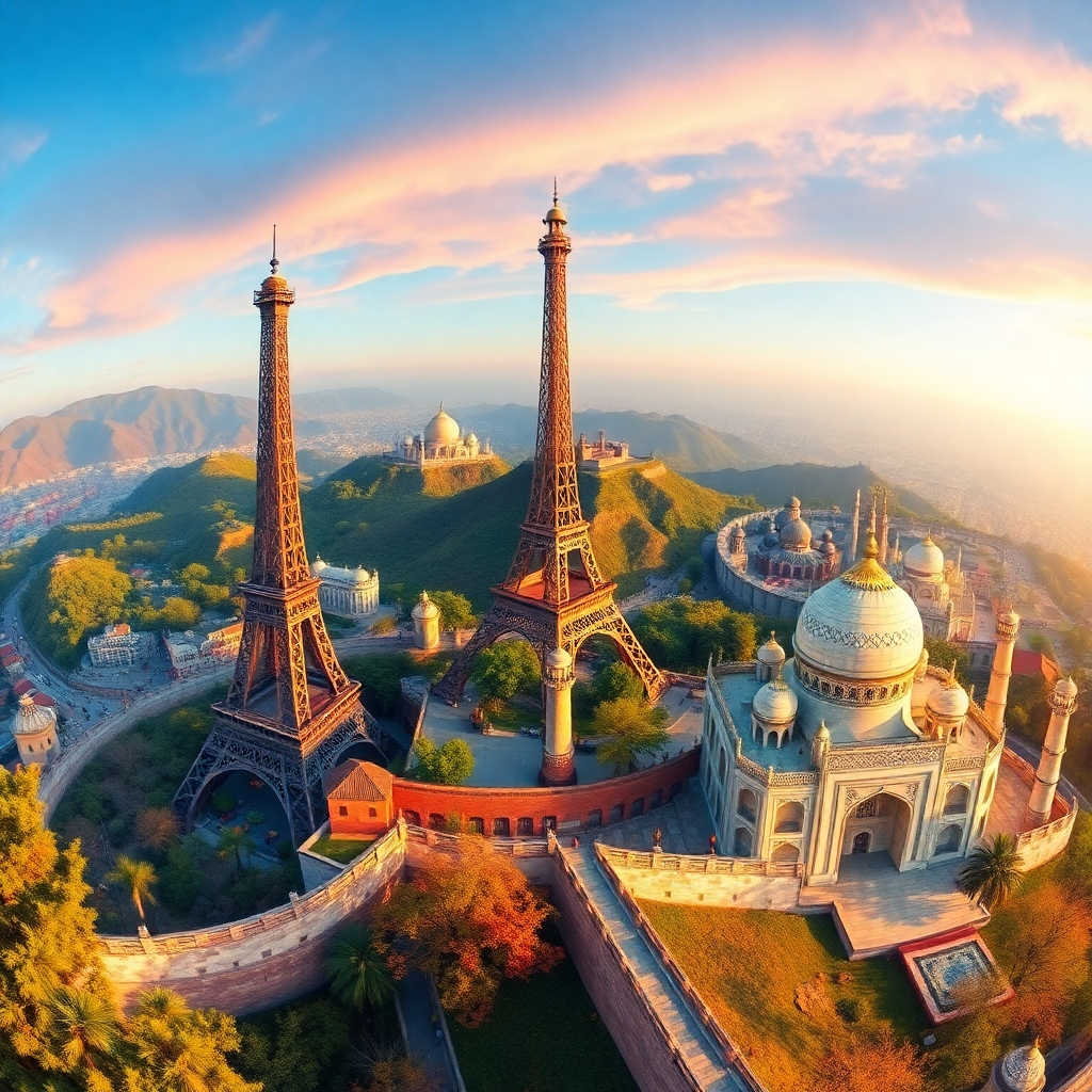 A panoramic view of various iconic landmarks from around the world, including the Eiffel Tower, the Great Wall of China, and the Taj Mahal. Use vibrant colors and dynamic lighting to capture the essence of each location. Photorealistic rendering.