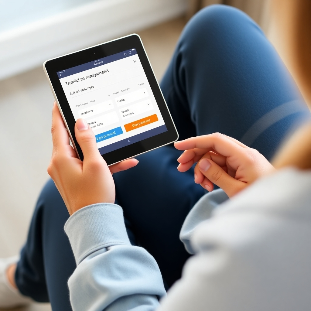 A person effortlessly booking travel arrangements on a tablet device. The interface is clean and intuitive, with clear call-to-action buttons. Use a modern, minimalist design with soft, inviting colors. Photorealistic rendering.