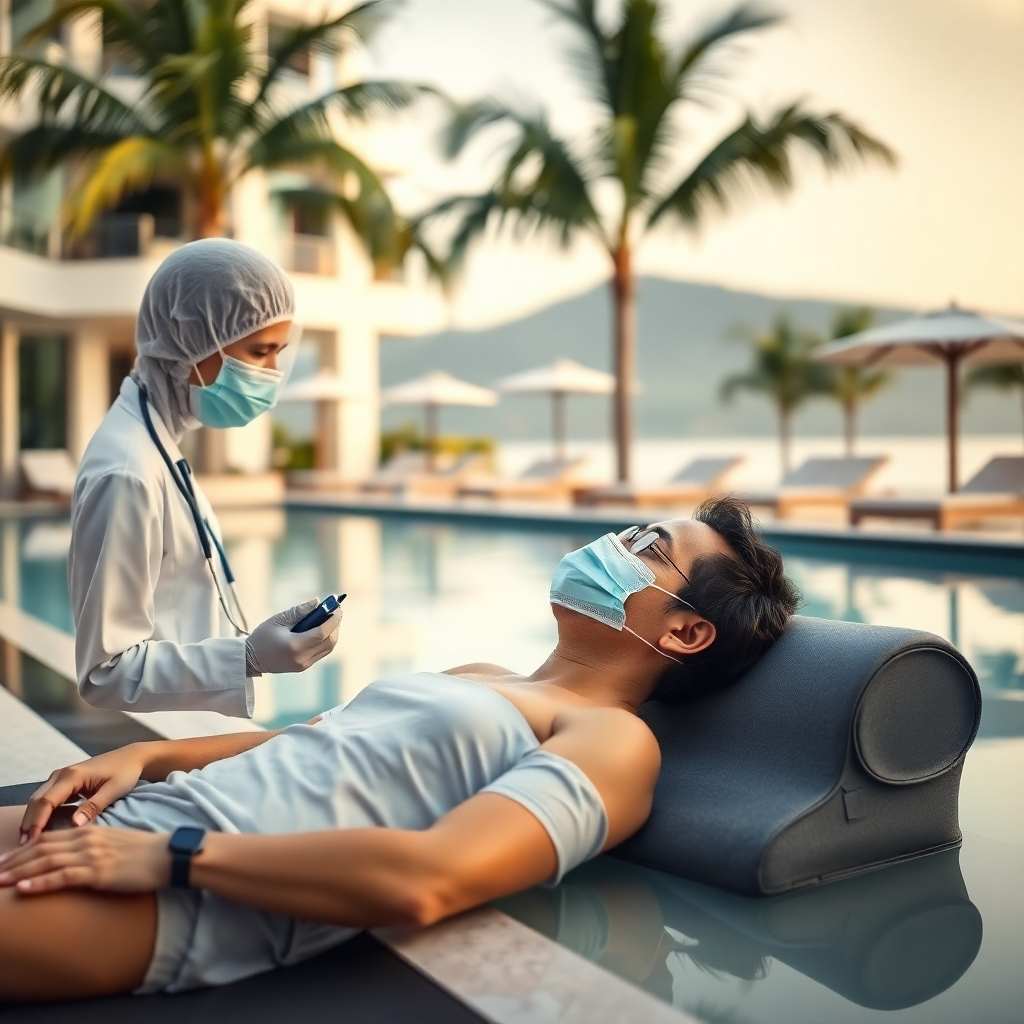 A person relaxing by a pool at a luxurious resort, while discreetly receiving medical treatment. The image should convey a sense of relaxation and well-being, with a focus on the seamless integration of healthcare and leisure. Soft, diffused lighting and a calming color palette. Photorealistic rendering.