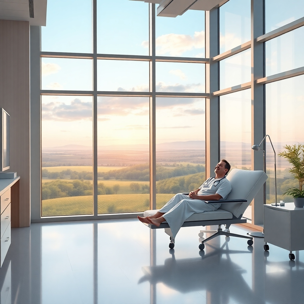 A serene image of a modern hospital room with large windows overlooking a beautiful landscape. A patient is relaxing comfortably, with a doctor attending to them with a reassuring smile. Use calming, natural light and a palette of soft blues and greens. Photorealistic rendering.