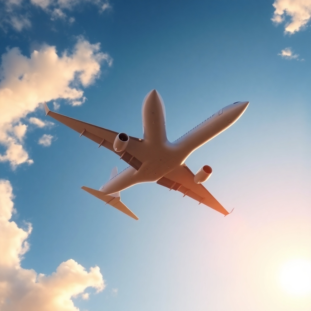 A sleek, modern airplane soaring through a clear blue sky with fluffy white clouds. The sun is setting, casting a warm golden glow on the aircraft. The camera angle is from below, emphasizing the height and grandeur of the plane. Photorealistic rendering.
