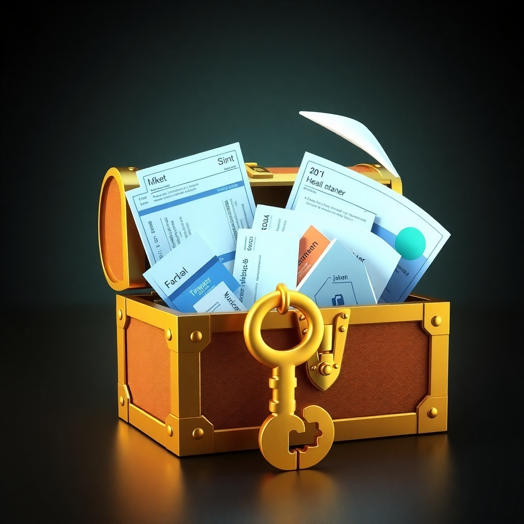 A stylized golden key unlocking a treasure chest filled with travel-related items like plane tickets, hotel vouchers, and healthcare documents. The lighting should be dramatic and eye-catching, emphasizing the value and exclusivity of the deals. 3D render, high quality.
