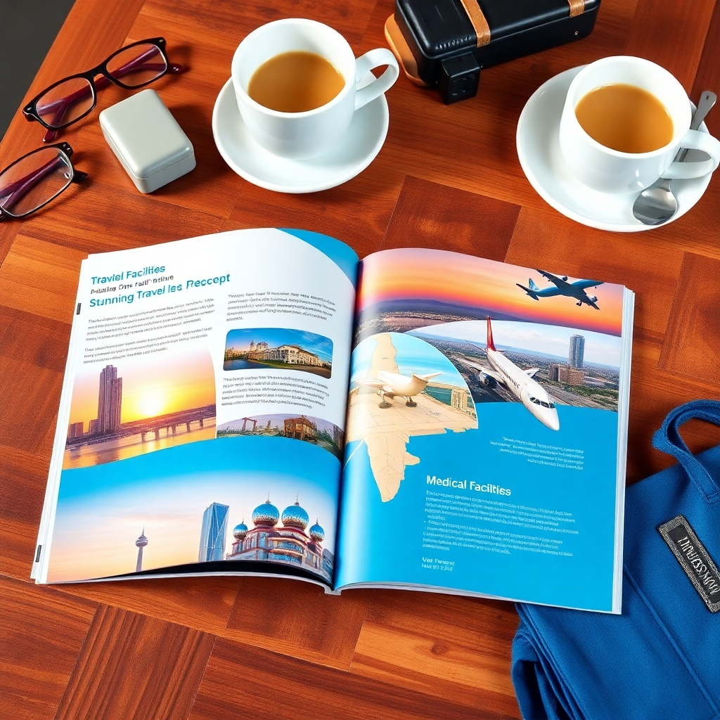 An open travel brochure showcasing stunning images of hotels, airplanes, and medical facilities. The brochure is placed on a wooden table with a cup of coffee and travel accessories. Use warm, inviting colors and soft lighting. Photorealistic rendering.