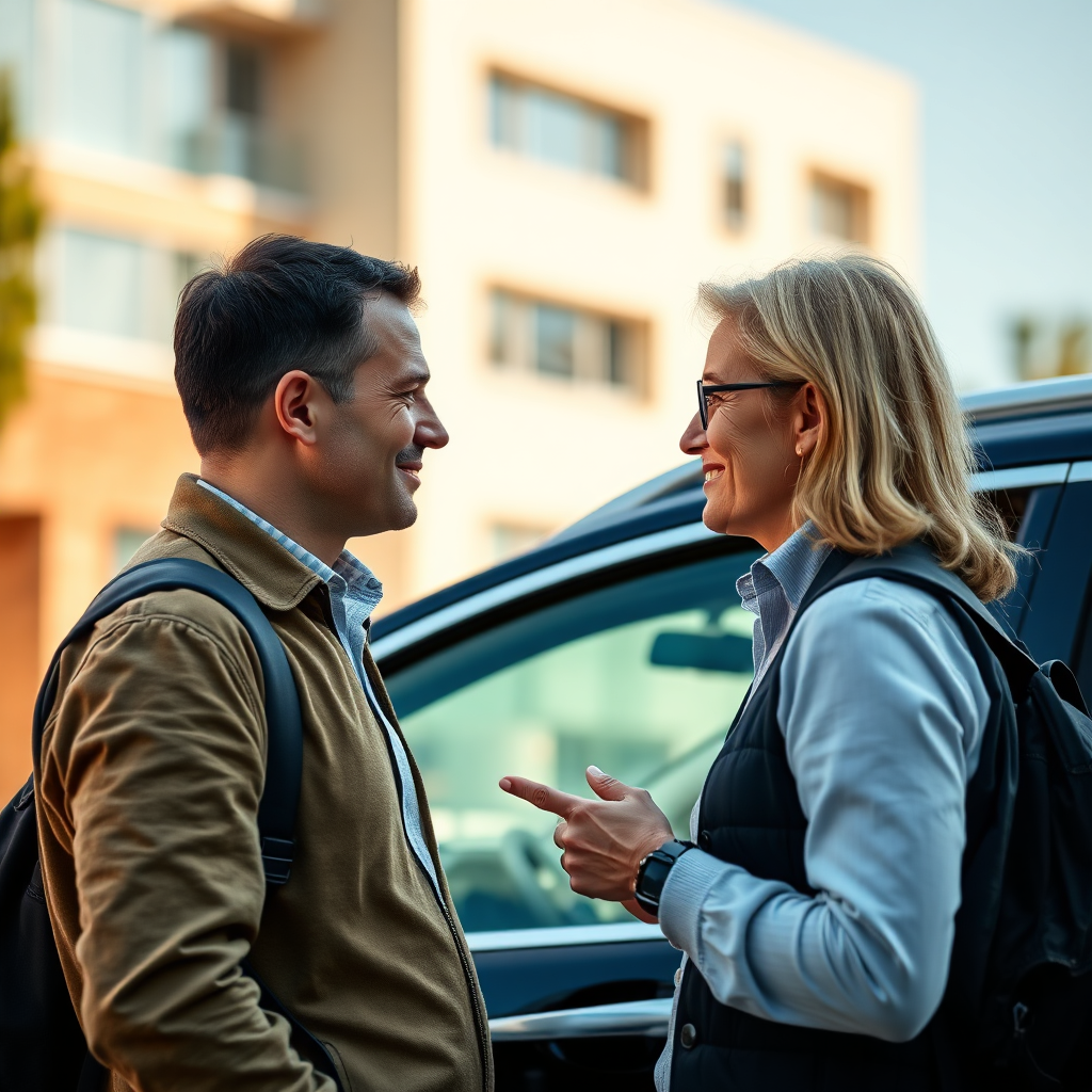 Create a photorealistic image of two people talking face to face , one buyer and one seller, beside a car in a sunny day. The background shows a blurry building. The car should be a normal car not very luxurious, and people looks normally not rich but friendly. Technical specs: 4K resolution, high quality.