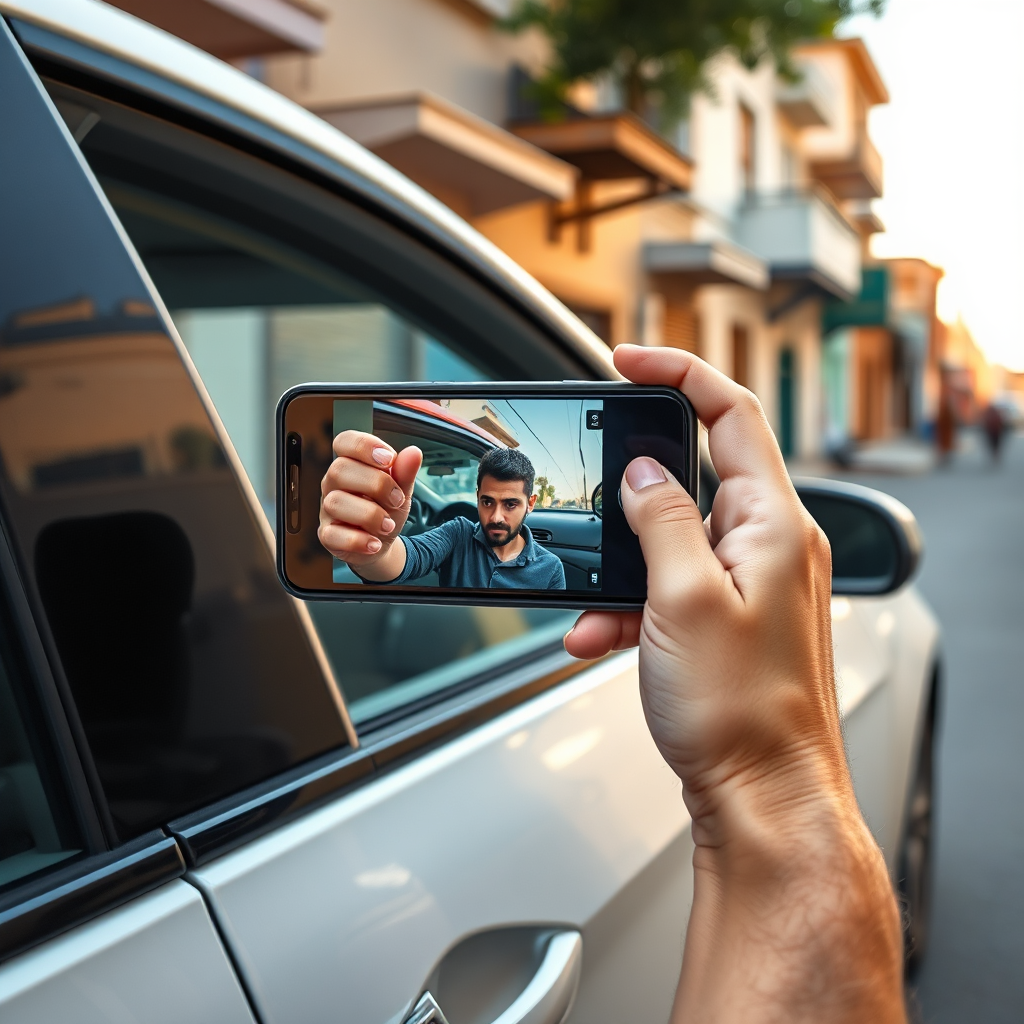 Create a photorealistic image of a person taking a photo of their car with a smartphone. The car is clean and well-maintained. The background features a typical Syrian street. The lighting is natural and bright, with a color palette that includes a range of colors. The camera angle is slightly low, emphasizing the car. Add details like the smartphone, the reflection of the person in the car, and the details of the Syrian street. Style reference: Automotive photography. Technical specs: 4K resolution, high quality.