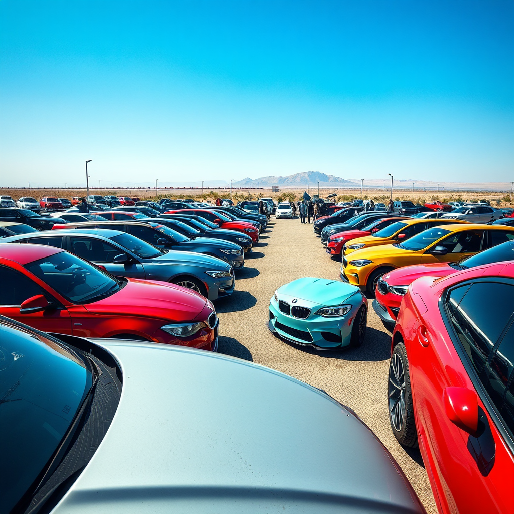 Create a photorealistic image of a diverse range of cars parked in a car lot. The cars vary in make, model, color, and price. The background features a clear blue sky and a subtle Syrian landscape. The lighting is bright and sunny, with a color palette that includes a wide range of colors. The camera angle is wide, capturing the diversity of the cars. Add details like the reflections on the cars, the textures of the tires, and the details of the Syrian landscape. Style reference: Automotive photography. Technical specs: 4K resolution, high quality.
