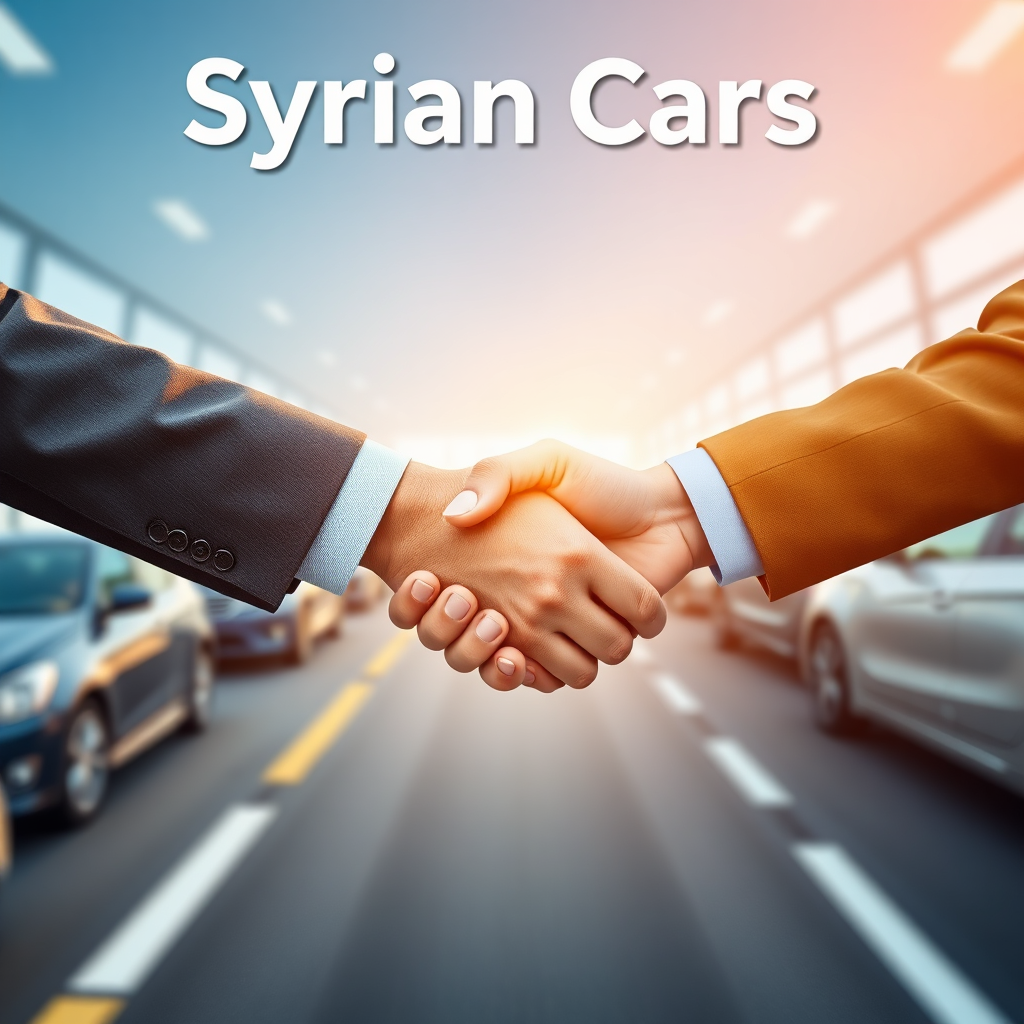 Create a photorealistic image representing the mission of 'Syrian Cars Agency'. The scene features a handshake between a car seller and a car buyer, symbolizing a successful transaction. In the background, there's a blurred image of various cars being driven on Syrian roads, indicating the reach and impact of the agency. The lighting is bright and optimistic, with a color palette that includes warm earth tones and accents of blue. Camera angle is eye-level, focused on the handshake. Add details like the texture of the hands, the confident expressions, and the subtle reflections of the cars in the background. Style reference: Modern business photography with a touch of Syrian culture. Technical specs: 4K resolution, high quality.