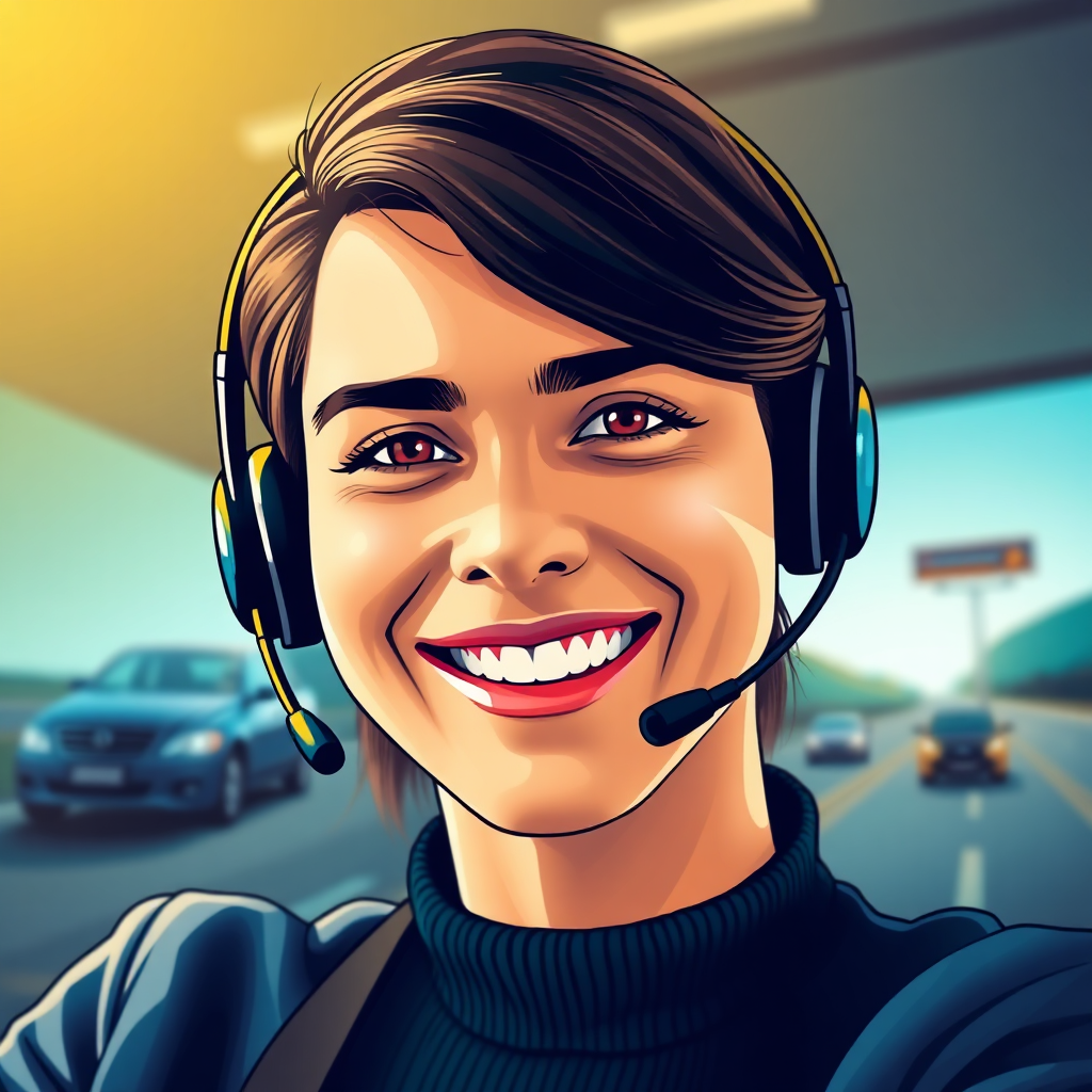 Create a stylized image of a friendly customer support representative wearing a headset and smiling. The background features the 'Syrian Cars Agency' logo and a subtle image of cars being driven on Syrian roads. The lighting is warm and inviting, with a color palette that includes blues and greens. The camera angle is close-up, focusing on the representative's face. Add details like the headset, the friendly expression, and the details of the logo. Style reference: Modern customer support imagery. Technical specs: 4K resolution, high quality.