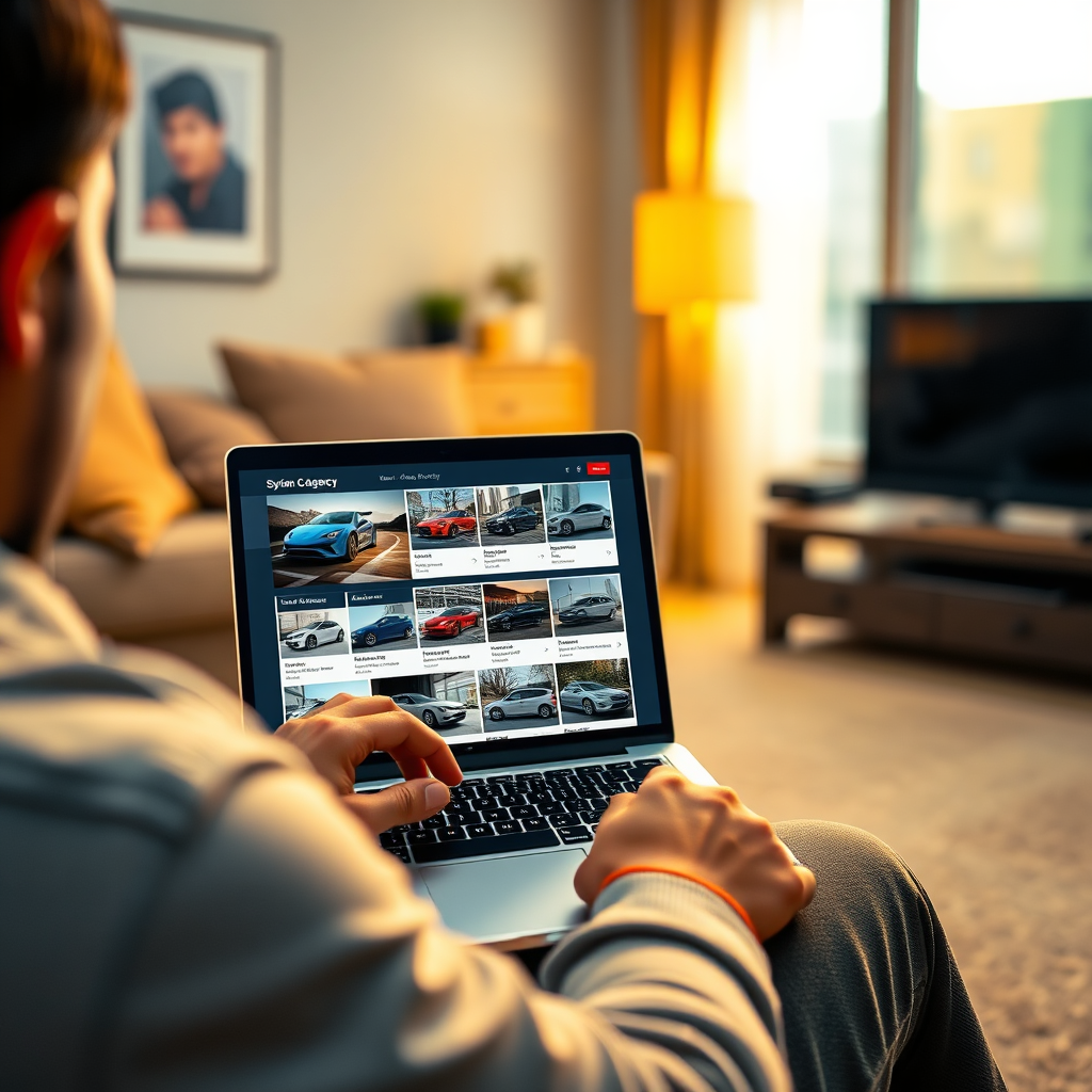 Create a stylized image of a person using a laptop to search for cars online. The laptop screen displays the 'Syrian Cars Agency' website with various car listings. The background features a comfortable living room setting. The lighting is warm and inviting, with a color palette that includes blues and yellows. The camera angle is slightly high, emphasizing the laptop screen. Add details like the laptop, the website interface, and the details of the living room. Style reference: Modern technology imagery. Technical specs: 4K resolution, high quality.