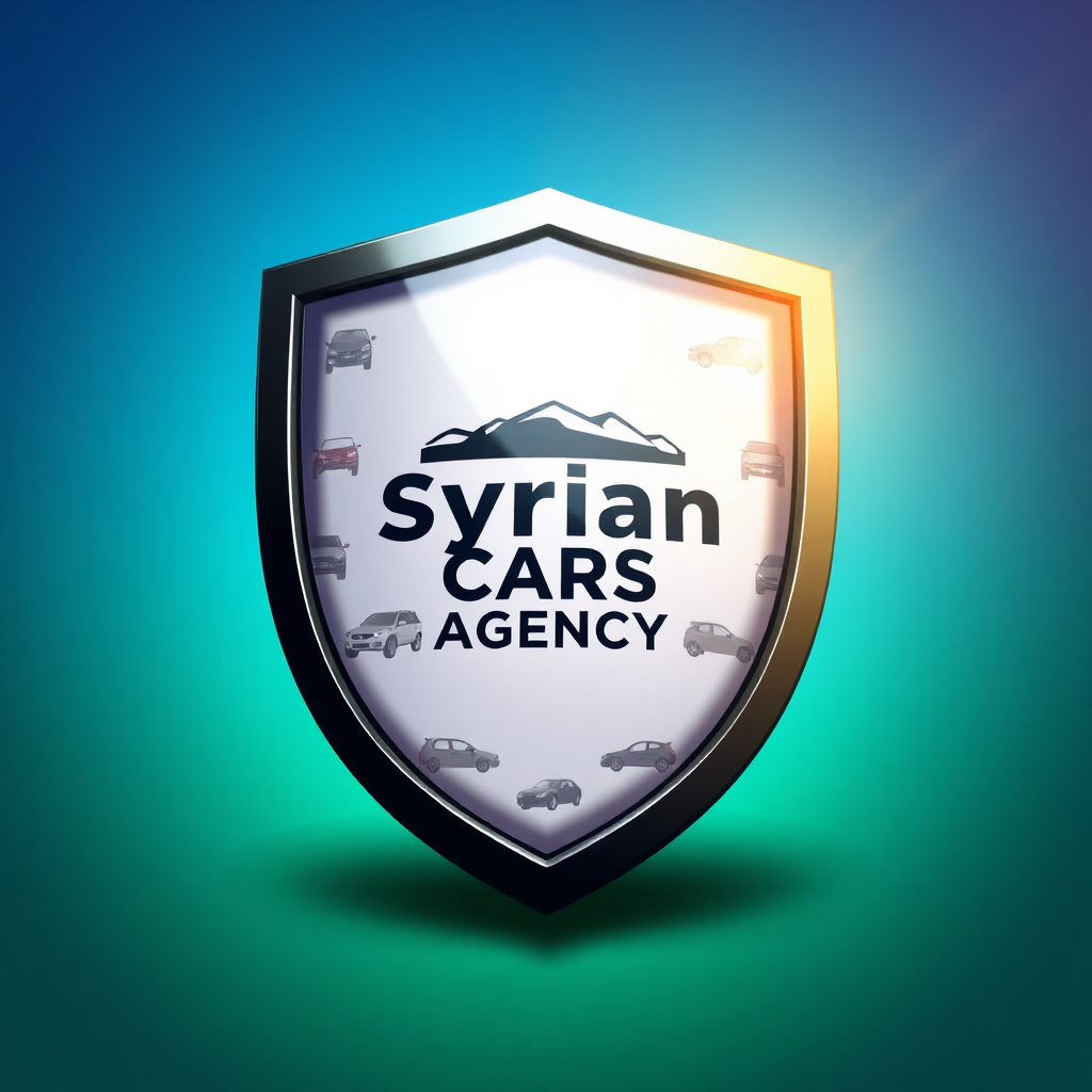 Create a stylized image of a shield with the 'Syrian Cars Agency' logo on it. The shield is surrounded by various car icons. The background is a gradient of blue and green. The lighting is bright and optimistic, with a color palette that emphasizes security and trust. The camera angle is slightly low, emphasizing the shield. Add details like the logo, the car icons, and the gradient background. Style reference: Modern security imagery. Technical specs: 4K resolution, high quality.