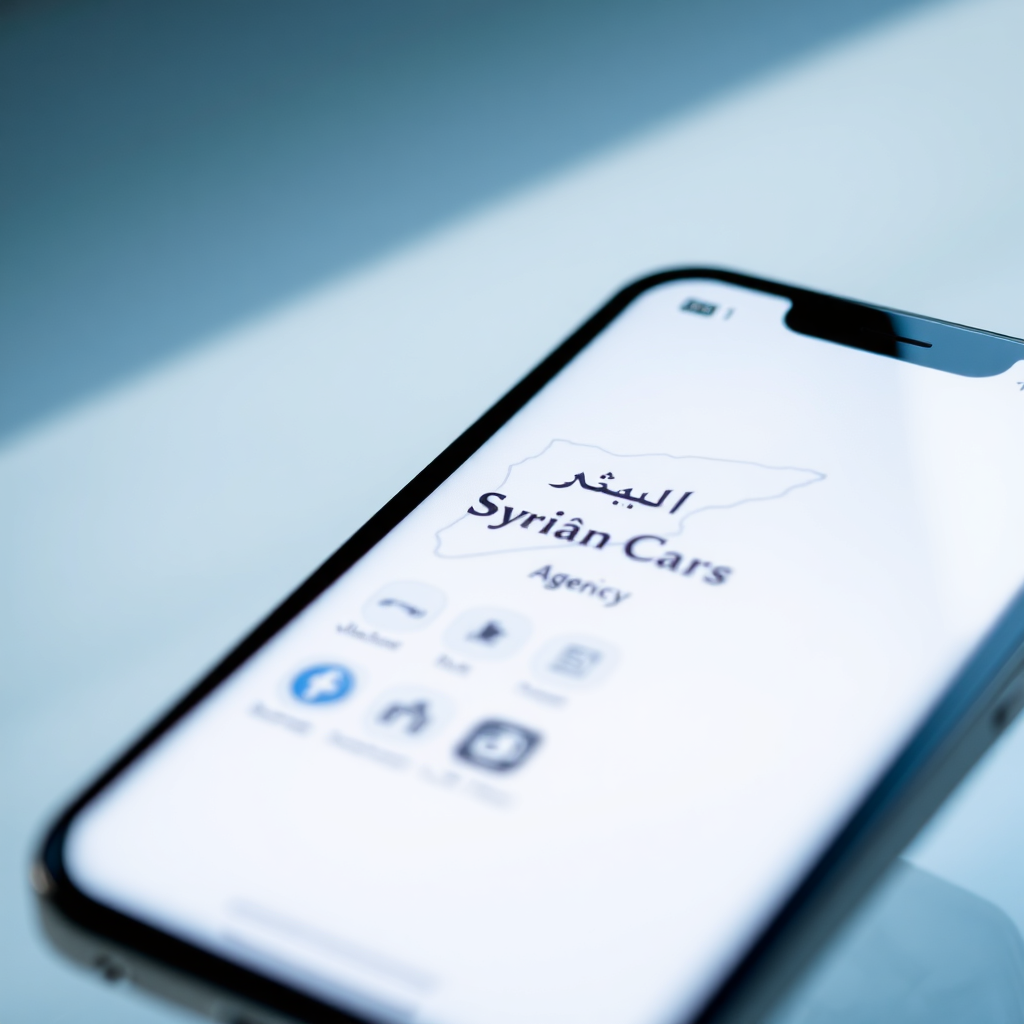 Create a stylized image of a smartphone displaying the 'Syrian Cars Agency' app interface. The app interface is clean, modern, and bilingual (Arabic and English). The background features a subtle map of Syria. The lighting is soft and inviting, with a color palette that includes blues and whites. The camera angle is close-up, focusing on the screen of the smartphone. Add details like the app icons, the user interface elements, and the reflections on the screen. Style reference: Modern app interface design. Technical specs: 4K resolution, high quality.