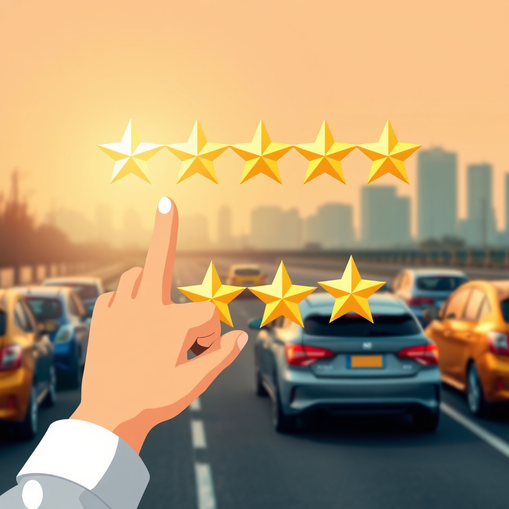 Create a stylized image of star rating showing people, a hand is clicking rate and reviews. The background include normal cars, and a city skyline. The lighting is warm and optimistic, with a color palette that emphasizes security and trust. Technical specs: 4K resolution, high quality.