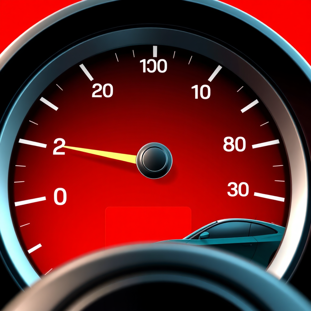 Create an image depicting a speedometer. The car is going faster. The background should be in red colour