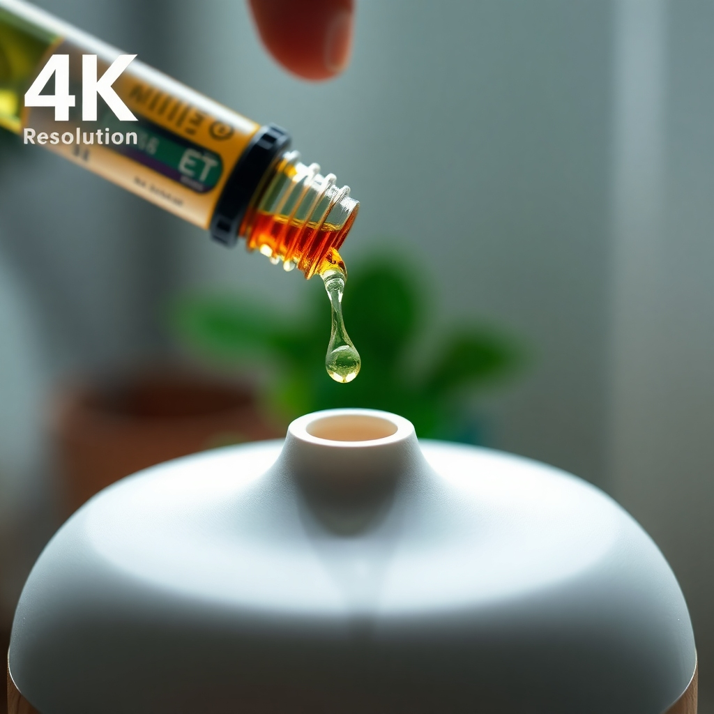 A close-up shot of essential oil being poured into a diffuser, with soft, diffused light creating a calming atmosphere. The background is softly blurred. 4K Resolution
