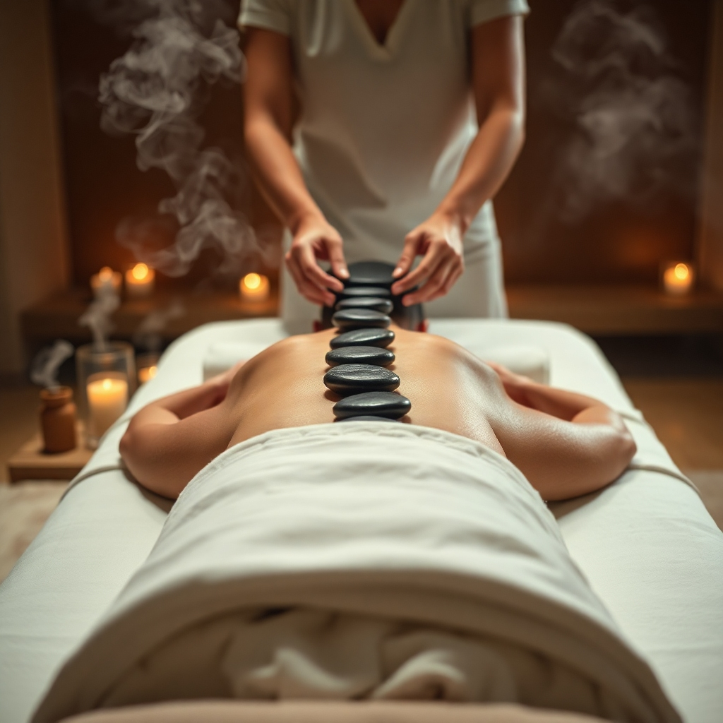 A serene and inviting spa environment. A woman lies face up on a massage table, draped in a soft, white towel. A therapist's hands gently place heated, smooth basalt stones along her spine. Essential oil diffusers subtly release fragrant steam, creating a hazy, calming atmosphere. The lighting is soft and warm, emanating from strategically placed candles and dimmed overhead lights. Focus on the texture of the stones, the smoothness of the skin, and the gentle wisps of steam. Color palette should be warm earth tones – browns, creams, and subtle greens. Camera angle is a slightly elevated perspective, capturing the full scene. Style: modern, minimalist spa design. 8K resolution, hyperrealistic.