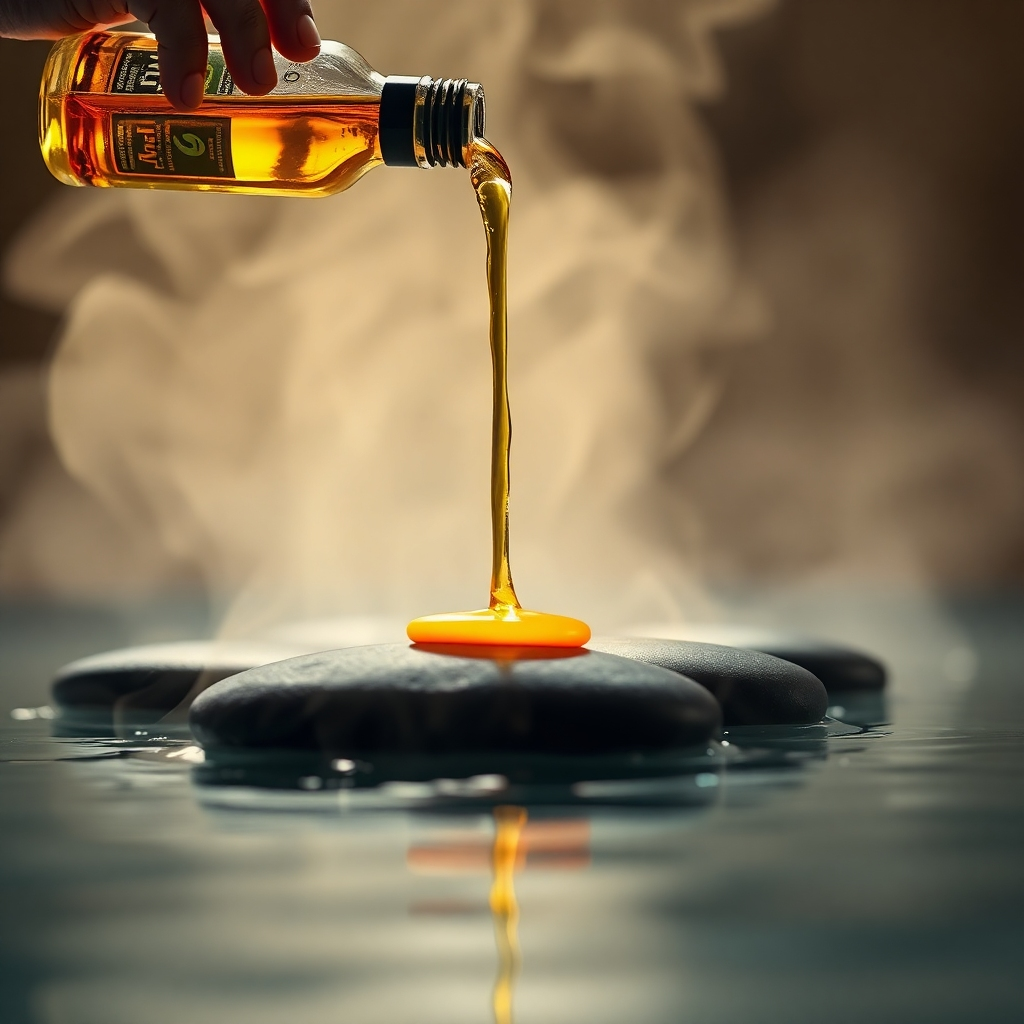 Aromatherapy oils being poured onto hot stones. Low lighting and steam. 4K Resolution