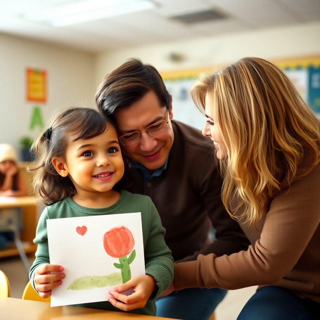 A heartwarming image of a parent and child interacting in a classroom setting, with the child displaying a piece of artwork. The lighting is soft and inviting. The camera angle focuses on the connection between parent and child. Style: Lifestyle Photography.