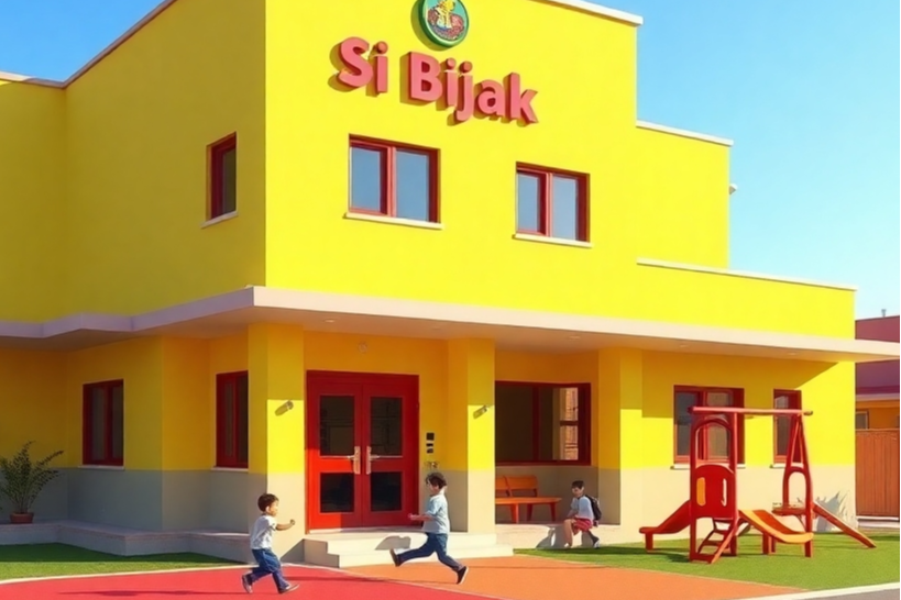 A heartwarming image of a parent and child interacting in a classroom setting, with the child displaying a piece of artwork. The lighting is soft and inviting. The camera angle focuses on the connection between parent and child. Style: Lifestyle Photography.