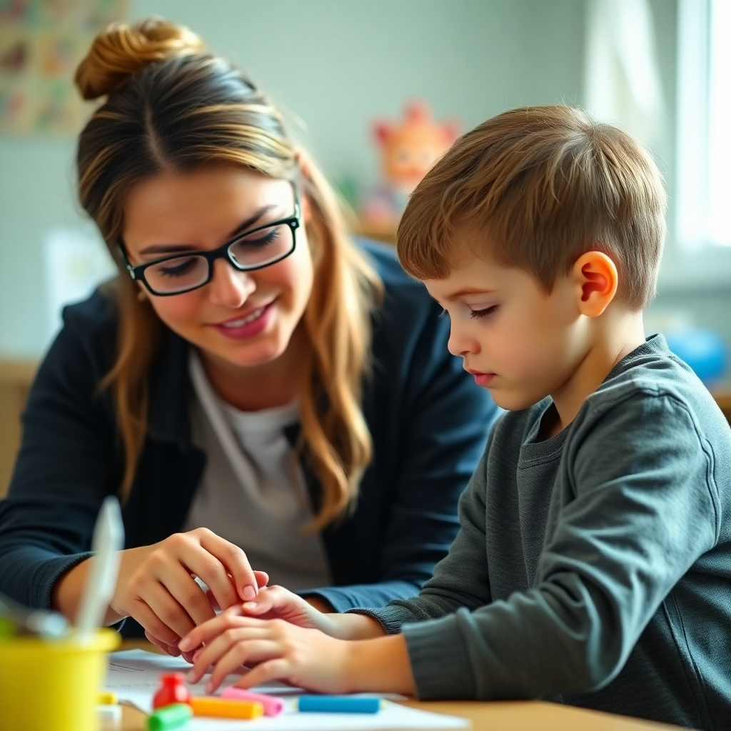 Children joyfully building with blocks in a bright, colorful classroom. The lighting is natural and warm. The camera angle is a medium shot, capturing the children's expressions and the textures of the blocks. Style: Documentary.