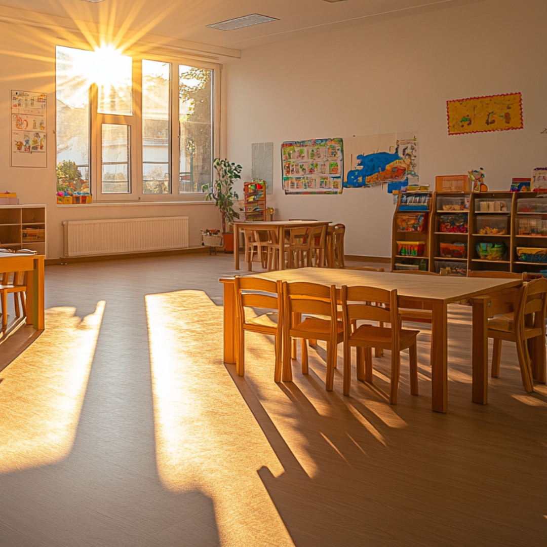A wide-angle shot of the preschool's interior, showcasing the various learning zones and play areas. The lighting is bright and natural. The composition emphasizes the space and its functionality. Style: Architectural Photography.