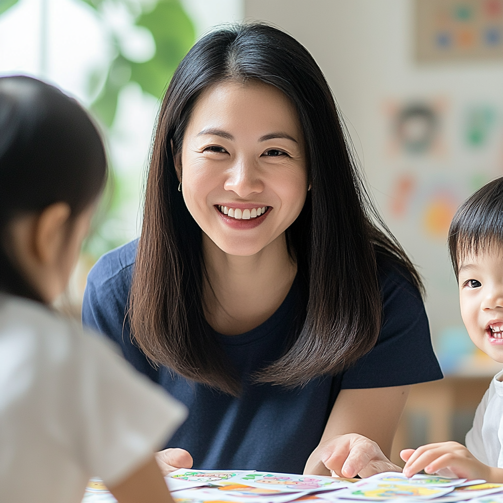 A photorealistic image of a teacher smiling warmly at a child, with other teachers and children in the background. The lighting is soft and inviting. The camera angle is a medium shot, capturing the teacher's genuine care. Style: Portrait Photography.