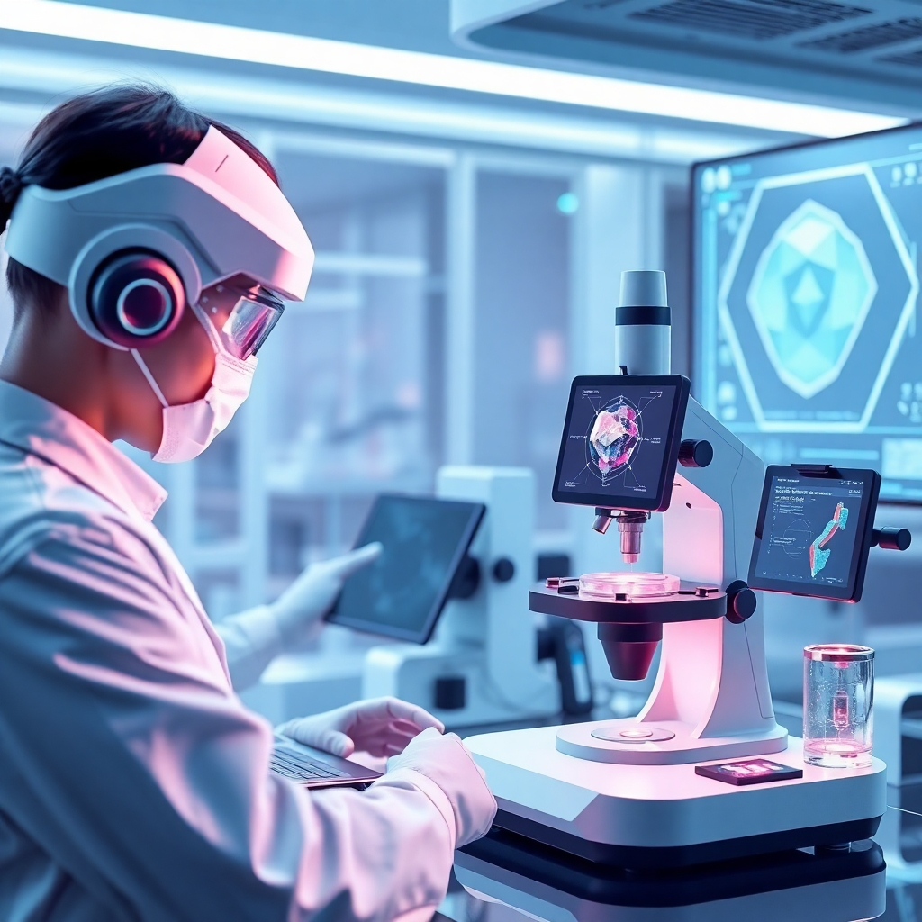 A futuristic stylized image depicting the integration of technology in gemological research. Focus on advanced scientific instruments and virtual simulations. Lighting should be modern and innovative. Color palette should be cool and technological.