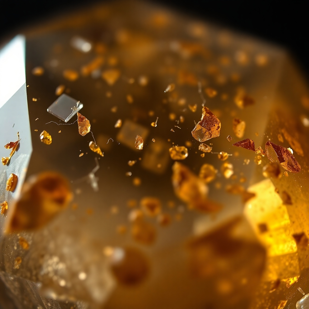 A macro photorealistic image of a gemstone with visible inclusions. Focus on the intricate details and patterns within the inclusions. Lighting should be dramatic and highlight the uniqueness of the inclusions. Use a microscopic perspective.