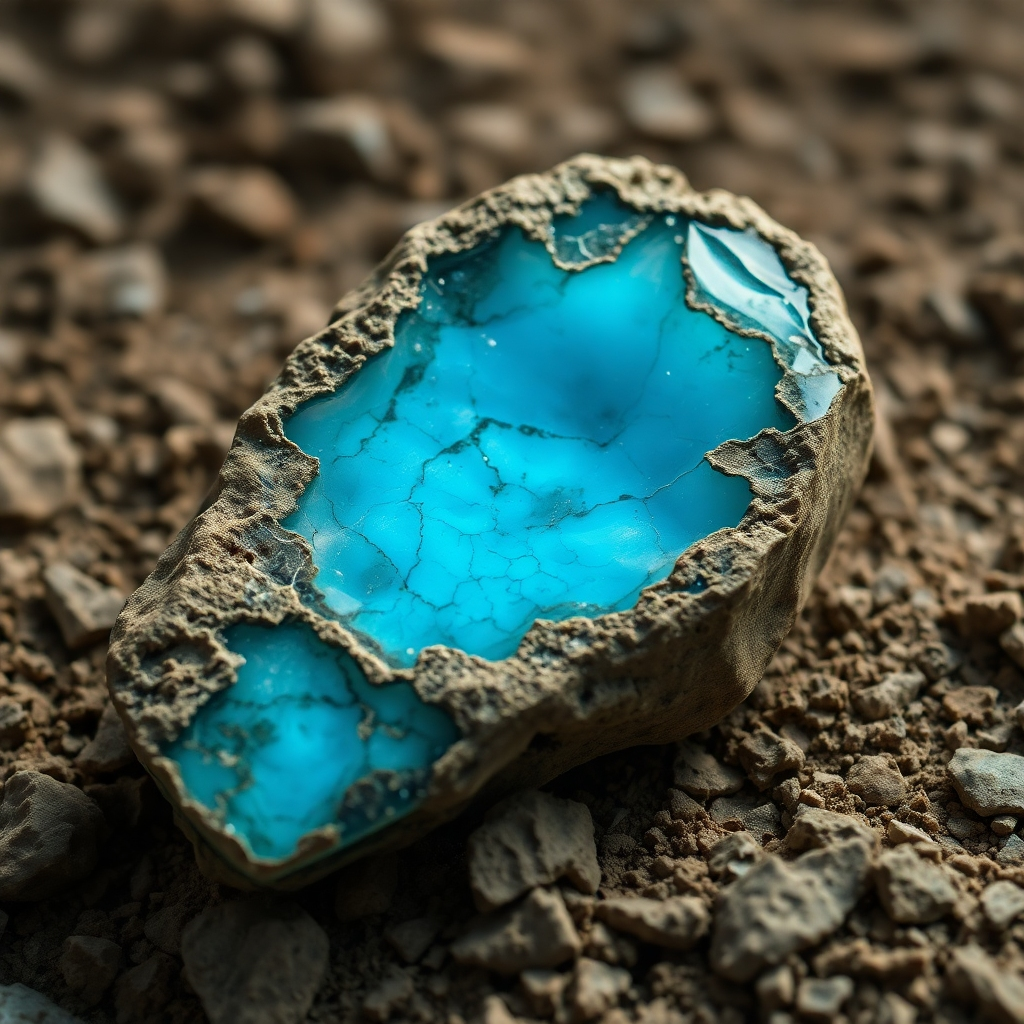 A photorealistic close-up image of a newly discovered Larimar stone with vibrant blue hues. Focus on the intricate patterns and textures within the stone. Lighting should emphasize its natural beauty and luminosity. Use a macro lens to capture the fine details. Environment should suggest a geological dig site.