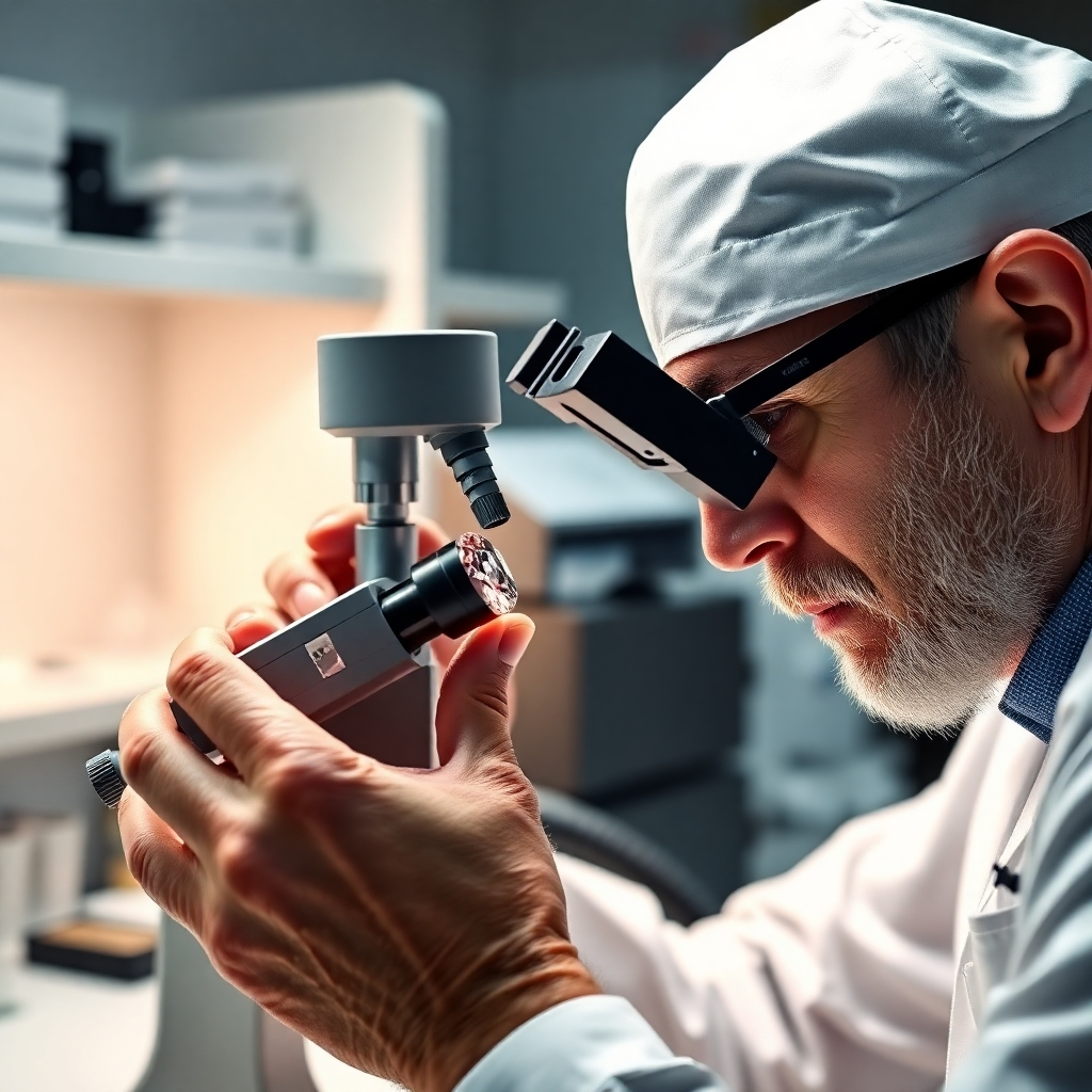 A photorealistic image of a gemologist using a microscope and refractometer to identify a gemstone. Focus on the precision and expertise of the process. Lighting should be focused and professional. Environment should suggest a gemological lab.