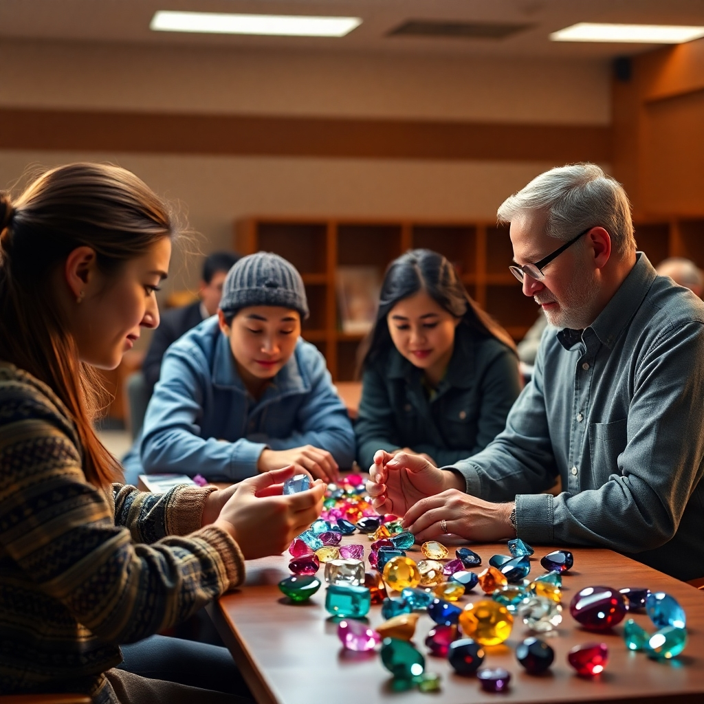 A photorealistic image of a gem education class, with students examining gems and learning from an expert instructor. Focus on the educational aspect. Lighting should be warm and engaging. Environment should suggest a classroom or lecture hall.