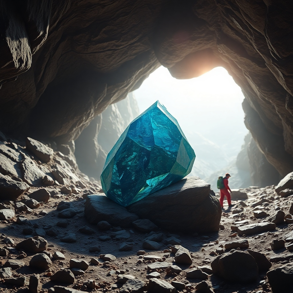 A photorealistic image of a remote geological location where a new gem is being unearthed. Focus on the scientific expedition and discovery process. Lighting should be natural and adventurous. Environment should suggest a challenging but rewarding expedition.