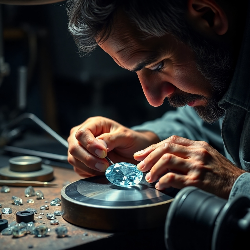 A photorealistic image of a skilled gem cutter meticulously working on a gemstone using a cutting wheel. Focus on the precision and artistry of the process. Lighting should be focused and intense. Environment should suggest a gem-cutter's workshop.