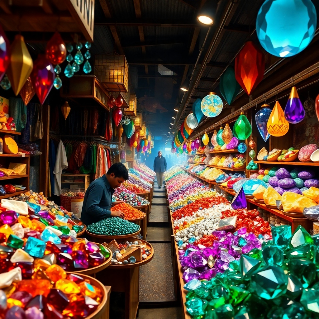 A photorealistic image showcasing a bustling gem market, with vendors displaying various gemstones. Focus on the vibrant colors and diversity of the gems. Lighting should be dynamic and capture the energy of the market. Use a wide-angle shot to showcase the scale.