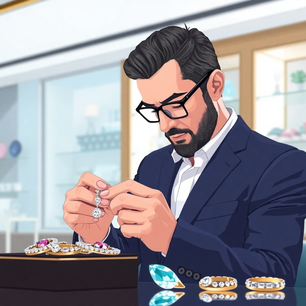 A stylized image depicting a gem appraiser carefully examining a piece of jewelry and assigning it a value. Focus on the monetary aspect of gems. Lighting should be clear and professional. Environment should suggest a high-end jewelry store.