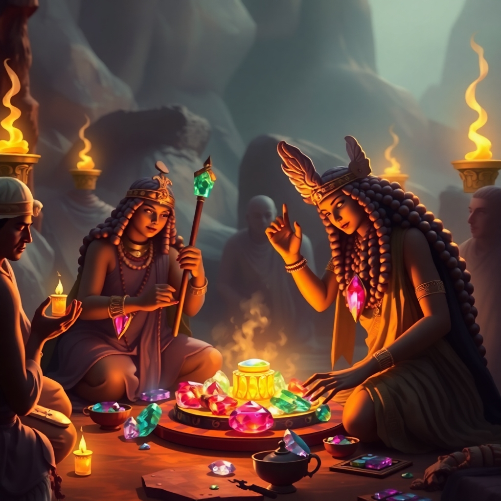 A stylized image depicting ancient civilizations using gemstones in rituals and ceremonies. Focus on the historical context and cultural significance. Lighting should be warm and ethereal. Color palette should be rich and symbolic.
