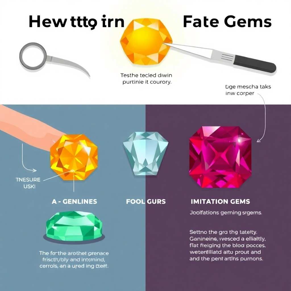 A stylized image illustrating the process of identifying a fake gem using various tools and techniques. Focus on the contrasting features between genuine and imitation gems. Lighting should be clear and informative. Color palette should be contrasting.