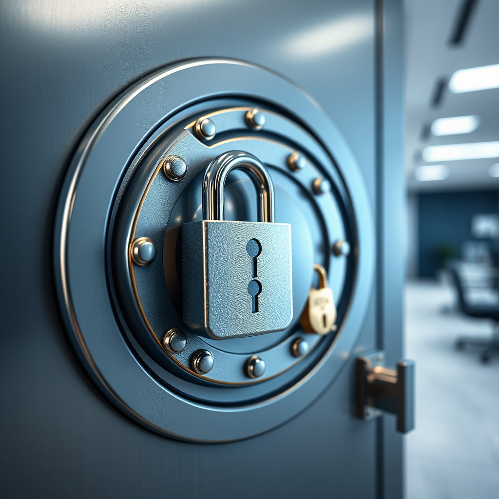 Create a photorealistic image representing compliance assurance. Visualize a secure vault with multiple locks, symbolizing robust security measures. The color palette should be primarily gray and blue, with subtle gold accents to convey trust and reliability. The background should be a clean, minimalist office environment. The lighting should be even and secure. The camera angle should be a close-up, focusing on the intricate details of the locks. Style reference: Security and data protection imagery. Texture details should include realistic metal textures and subtle variations in lighting.