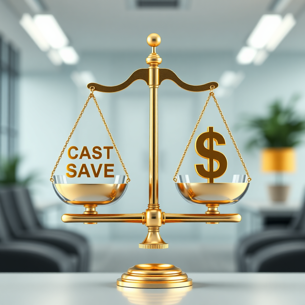 Create a photorealistic image representing cost-effective strategies. Visualize a balanced scale with cost savings on one side and increased profits on the other. The color palette should be primarily green and gold, symbolizing financial growth and stability. The background should be a clean, minimalist office environment. The lighting should be bright and even, ensuring all details are clearly visible. The camera angle should be a close-up, focusing on the balanced scale. Style reference: Financial illustrations with a focus on cost savings and profitability. Texture details should include realistic metal textures and subtle variations in lighting.