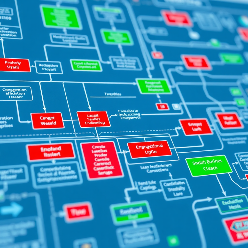 Create a photorealistic image representing an efficiency analysis. Show a detailed flowchart highlighting key business processes with areas of congestion marked in red and areas of smooth operation marked in green. Use a modern, minimalist style with clean lines and clear visual hierarchy. The color palette should be primarily blue and green, with red accents to draw attention to problem areas. The lighting should be bright and even, ensuring all details are clearly visible. The camera angle should be a close-up, focusing on the complexity and interconnectedness of the flowchart. Style reference: Lean manufacturing process diagrams. Texture details should include subtle variations in line thickness and color saturation to enhance visual clarity.