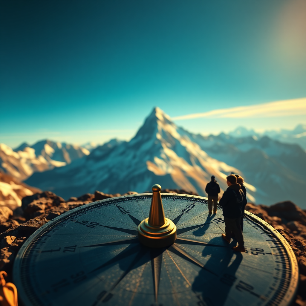 Create a photorealistic image representing strategic alignment. Visualize a compass pointing towards a distant mountain peak, symbolizing a clear business goal. The foreground should show a team of consultants using advanced analytics tools to chart a course towards the peak. Use a color palette of deep blues, greens, and golds to convey trust, stability, and prosperity. The lighting should be warm and inviting, creating a sense of optimism and determination. The camera angle should be a wide shot, emphasizing the scale and ambition of the undertaking. Style reference: Expedition photography with a focus on teamwork and strategic planning. Texture details should include realistic terrain features and atmospheric effects.