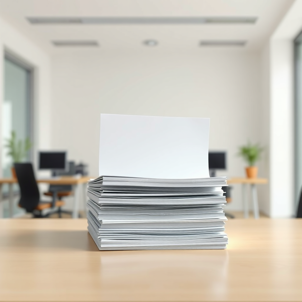 Create a photorealistic image representing overhead reduction. Visualize a stack of papers shrinking in size, symbolizing reduced administrative burden. The color palette should be primarily green and white, with subtle red accents to highlight cost savings. The background should be a clean, minimalist office environment. The lighting should be bright and even, ensuring all details are clearly visible. The camera angle should be a close-up, focusing on the shrinking stack of papers. Style reference: Minimalist financial illustrations. Texture details should include subtle variations in paper texture and shadow density.