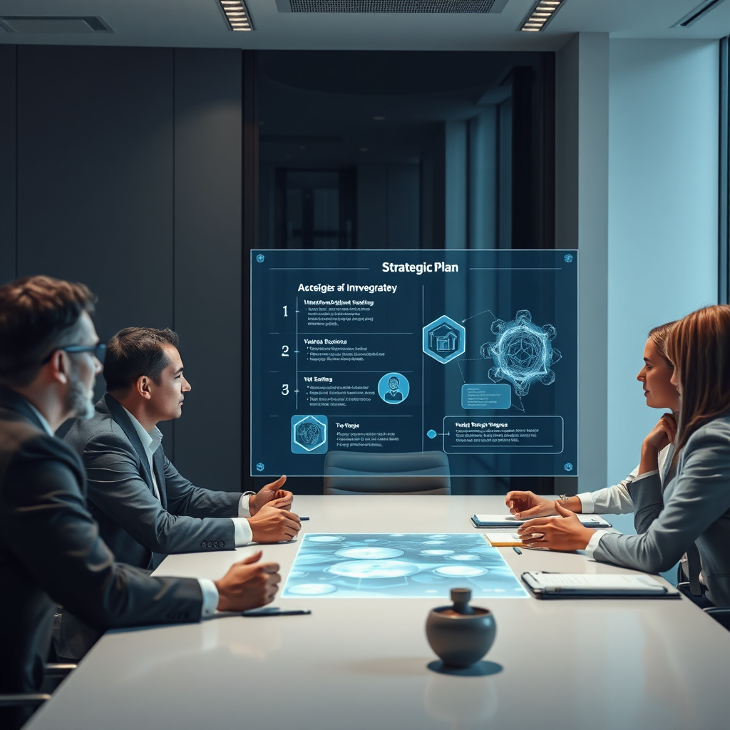 Create a photorealistic image depicting a group of executives collaborating around a table, reviewing a strategic plan projected on a holographic display. The lighting should be professional and the atmosphere should convey innovation and collaboration.