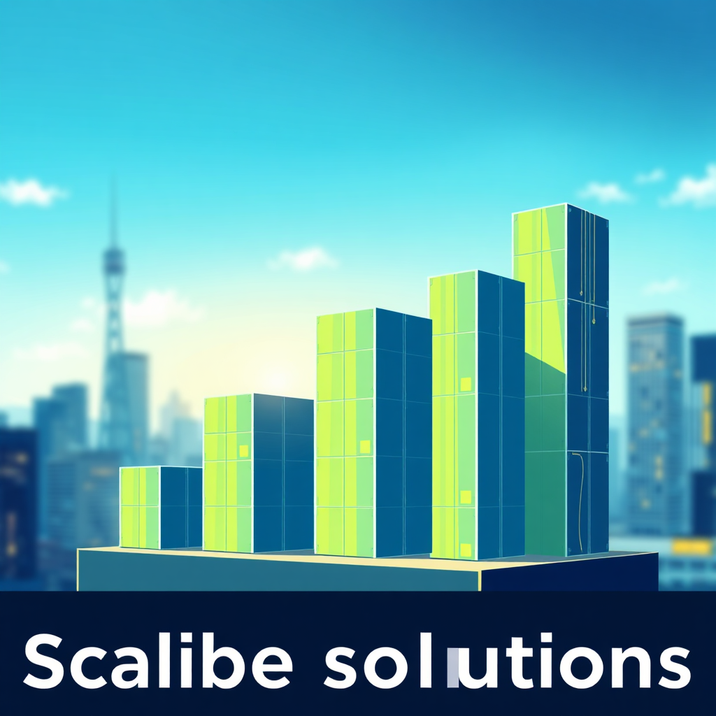 Create a stylized image depicting scalable solutions. Visualize a series of interconnected blocks increasing in size, representing the growth of a business. The color palette should be primarily blue and green, with subtle yellow accents to highlight the scalability. The background should be a blurred cityscape, symbolizing the broader business environment. The lighting should be dynamic, with highlights and shadows emphasizing the upward momentum of the blocks. The camera angle should be a slightly low angle, emphasizing the height and scale of the blocks. Style reference: Modern architectural illustrations. Texture details should include subtle variations in material texture and shadow density.
