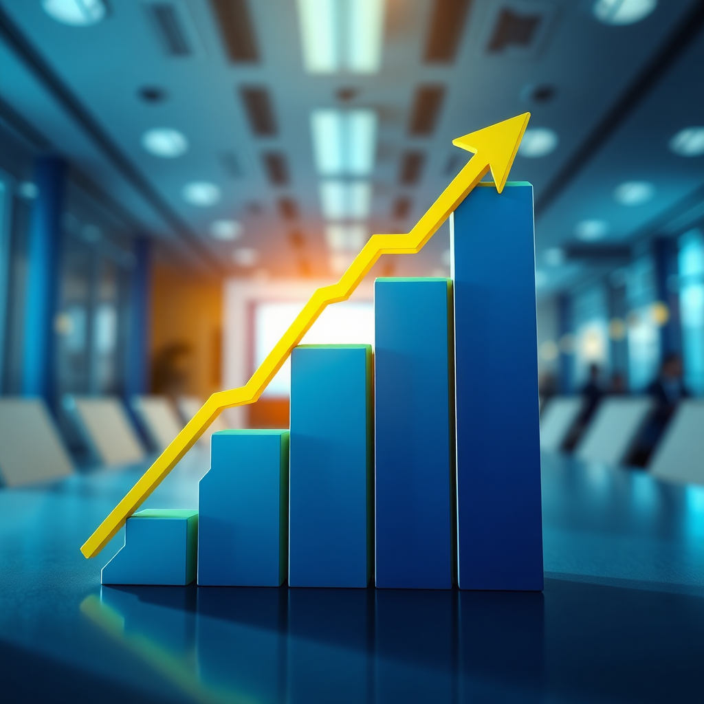 Create a stylized image depicting a productivity boost. Visualize a graph showing a sharp upward trend, with arrows indicating increasing efficiency. The color palette should be primarily blue and green, with vibrant yellow accents to highlight the upward trend. The background should be a blurred office environment, symbolizing the broader business context. The lighting should be dynamic, with highlights and shadows emphasizing the upward momentum. The camera angle should be a slightly low angle, emphasizing the height of the graph. Style reference: Modern data visualization art. Texture details should include subtle gradients and glows to enhance visual appeal.
