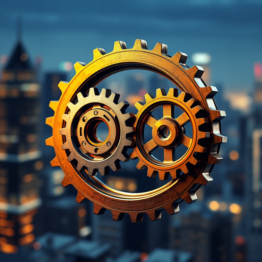 Create a stylized image depicting process improvement through automation. Visualize a series of gears seamlessly interlocking and spinning, representing different administrative tasks being performed automatically. Use a metallic color palette with hints of gold and silver to convey precision and efficiency. The background should be a blurred cityscape, symbolizing the broader business environment. The lighting should be dynamic, with highlights and shadows emphasizing the movement of the gears. The camera angle should be a close-up, capturing the intricate details of the interlocking mechanisms. Style reference: Steampunk-inspired automation illustrations. Texture details should include subtle wear and tear on the gears, adding a sense of realism.