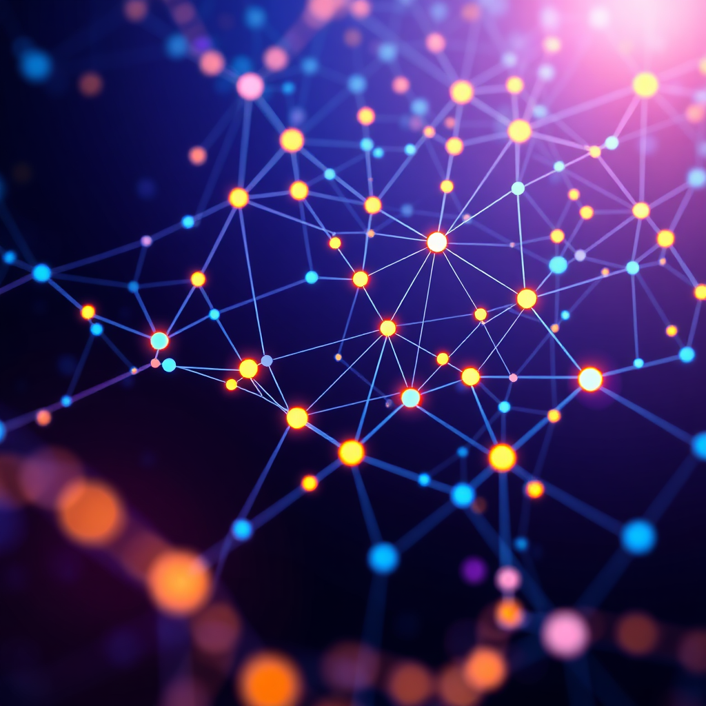 Create a stylized image representing data-driven decisions. Visualize a network of interconnected data points forming a complex web, with key insights highlighted in vibrant colors. The color palette should be primarily blue and purple, with yellow and orange accents to draw attention to important data points. The background should be a gradient of dark to light, creating a sense of depth and complexity. The lighting should be dynamic, with highlights and shadows emphasizing the interconnectedness of the data points. The camera angle should be a slightly elevated angle, providing an overview of the entire network. Style reference: Data visualization art. Texture details should include subtle glows and gradients to enhance visual appeal.